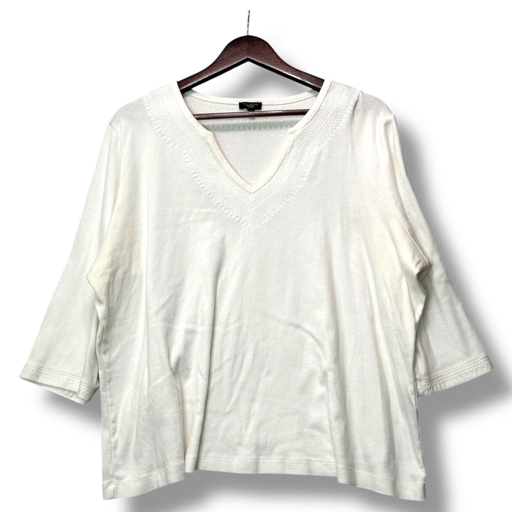 Talbots Woman Top V-Neck 3/4 Sleeve‎ Cotton Knit Embroidered Trim White 3X